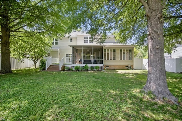 408 Leffler Ln, Virginia Beach, VA 23452 - back of house featuring a fenced backyard, a yard, crawl space, and a sunroom