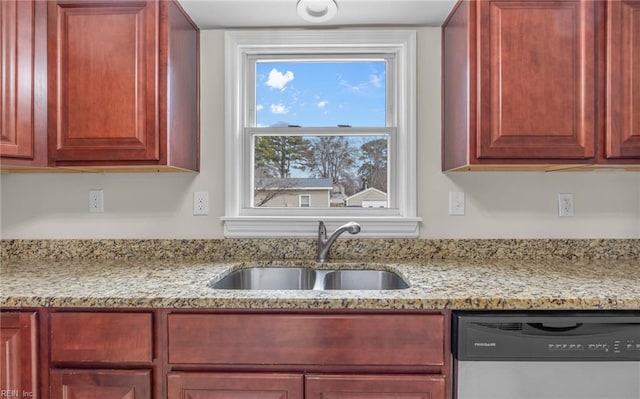 9254 Marlow Ave, Norfolk, VA 23503 - kitchen with stainless steel dishwasher, a sink, and reddish brown cabinets