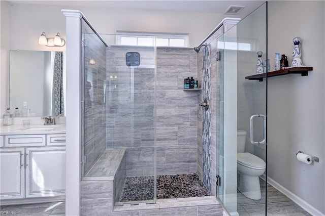 full bath with toilet, visible vents, a shower stall, and vanity