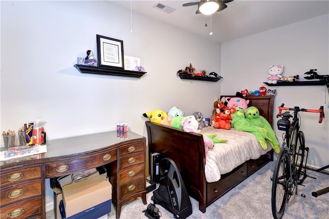 bedroom with a ceiling fan, visible vents, and light carpet
