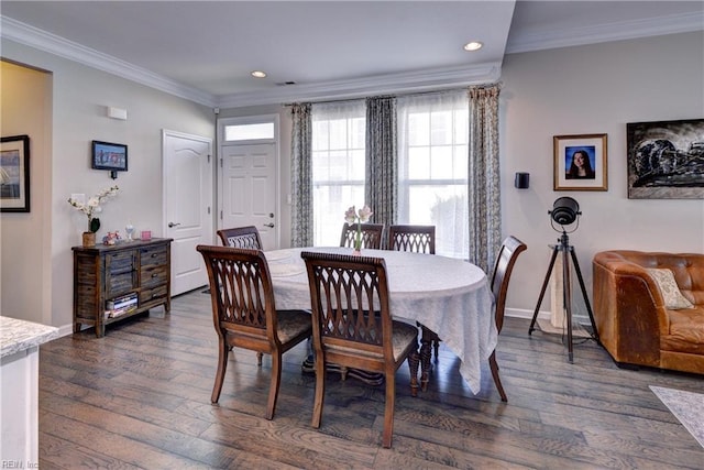dining area with recessed lighting, dark wood finished floors, and ornamental molding