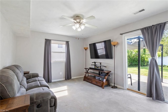 110 Greenwell Dr, Hampton, VA 23666 - living area featuring carpet floors, ceiling fan, visible vents, and plenty of natural light