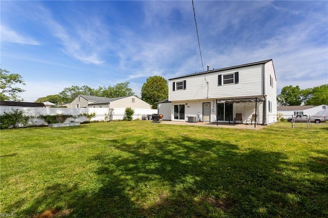 110 Greenwell Dr, Hampton, VA 23666 - rear view of house featuring a lawn, a patio, a fenced backyard, and central air condition unit