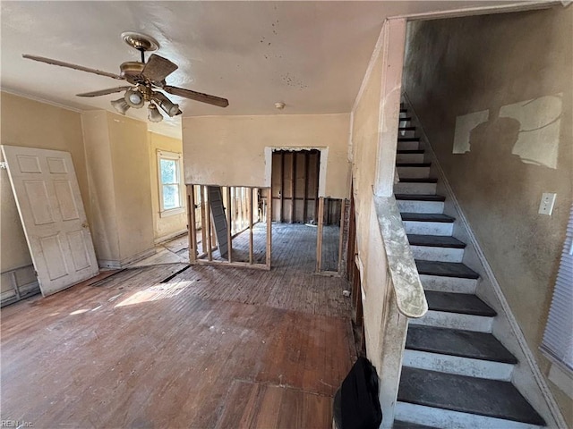 interior space with baseboards, wood finished floors, ceiling fan, and ornamental molding