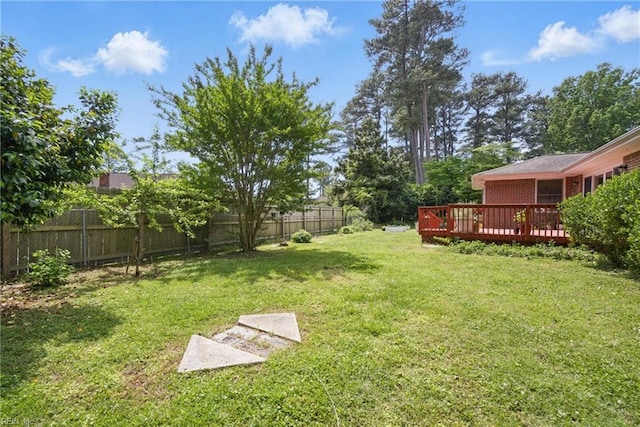 view of yard featuring a fenced backyard and a wooden deck