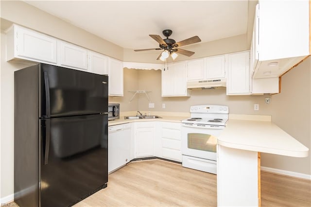 1103 Black Duck Ct, Virginia Beach, VA 23451 - kitchen with ceiling fan, a sink, light wood-style floors, white appliances, and under cabinet range hood