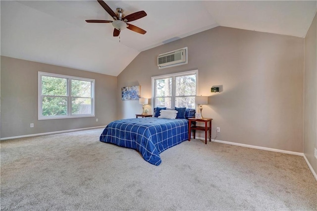 carpeted bedroom featuring baseboards, lofted ceiling, a wall mounted AC, and ceiling fan