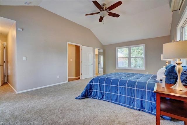 carpeted bedroom with a ceiling fan, baseboards, and vaulted ceiling