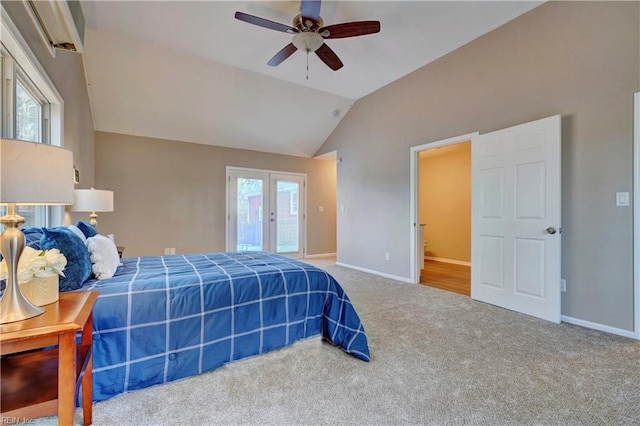 bedroom with carpet flooring, access to outside, french doors, baseboards, and vaulted ceiling