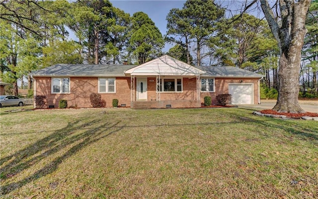single story home featuring an attached garage, brick siding, a front lawn, and crawl space