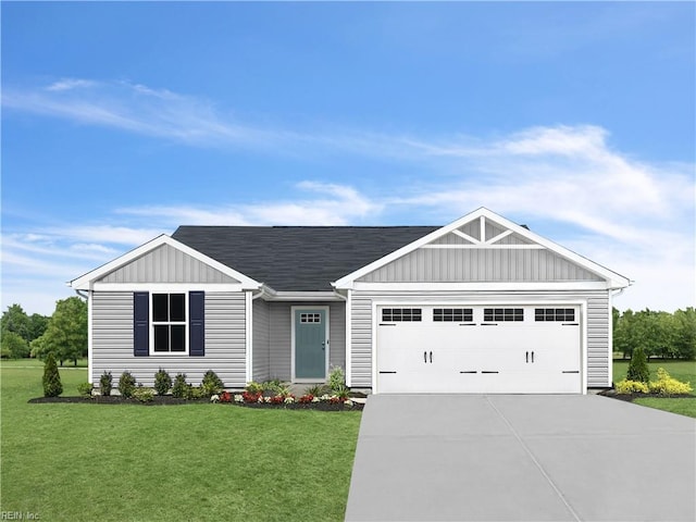 view of front of property with an attached garage, board and batten siding, a front yard, and concrete driveway
