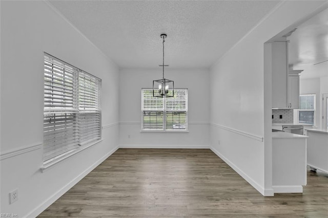 157 Pier Lndg, South Mills, NC 27976 - unfurnished dining area with a textured ceiling, a chandelier, and wood finished floors
