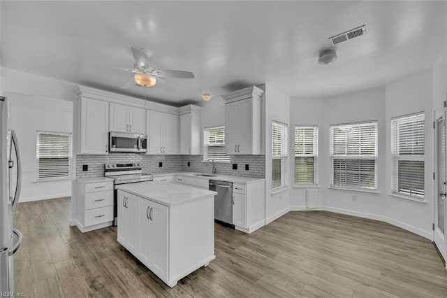 157 Pier Lndg, South Mills, NC 27976 - kitchen featuring ceiling fan, appliances with stainless steel finishes, a sink, tasteful backsplash, and visible vents