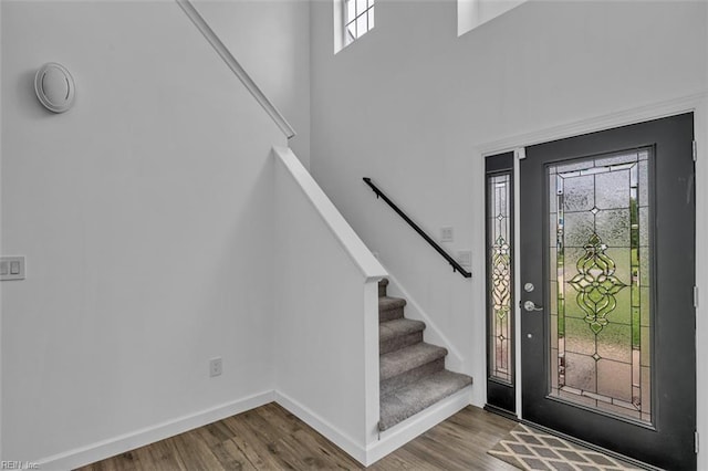 157 Pier Lndg, South Mills, NC 27976 - entrance foyer with stairway, baseboards, wood finished floors, and a towering ceiling
