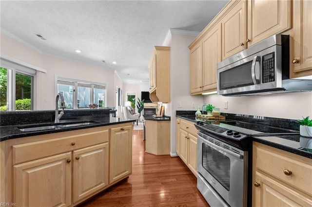 kitchen featuring crown molding, appliances with stainless steel finishes, wood finished floors, a sink, and light brown cabinets
