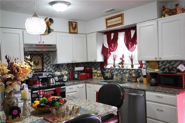 820 Pine Tree Ct, Newport News, VA 23608 - kitchen with a sink, stainless steel appliances, white cabinetry, under cabinet range hood, and visible vents