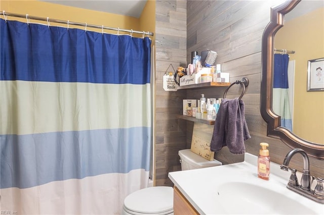 1132 Ocean Pebbles Way, Virginia Beach, VA 23451 - bathroom featuring wood walls, vanity, toilet, and a shower with shower curtain