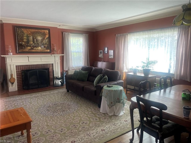 114 Thomas St, Smithfield, VA 23430 - living area featuring ornamental molding, wood finished floors, and a fireplace