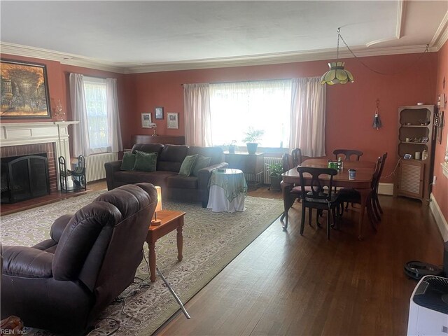 living area with ornamental molding, wood finished floors, radiator, and a fireplace