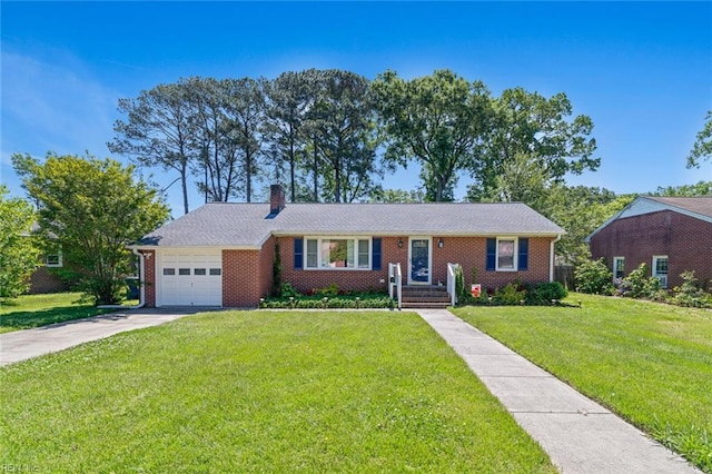 ranch-style home featuring an attached garage, brick siding, a front yard, a chimney, and driveway