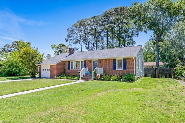 single story home with a front lawn, fence, a chimney, brick siding, and an attached garage