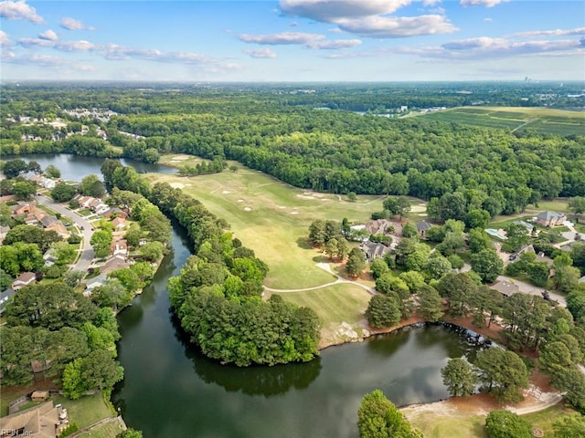 aerial view with golf course view, a water view, and a forest view