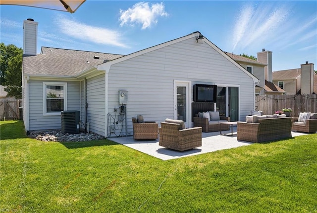 back of house featuring central air condition unit, fence, an outdoor living space, and a patio