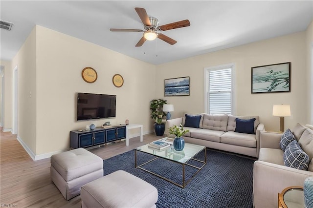 921 Quash St, Hampton, VA 23669 - living room with baseboards, ceiling fan, wood finished floors, and visible vents