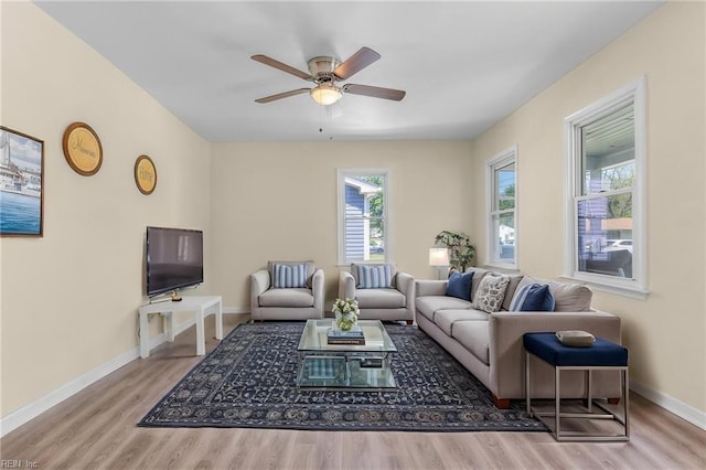 921 Quash St, Hampton, VA 23669 - living room with baseboards, ceiling fan, and wood finished floors