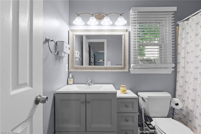 full bathroom with vanity, toilet, and a shower with curtain
