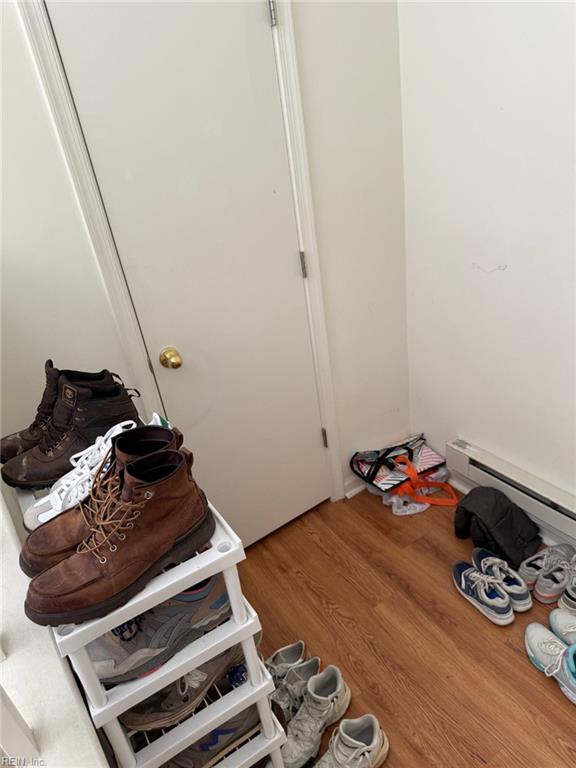 interior details featuring wood finished floors and a baseboard radiator