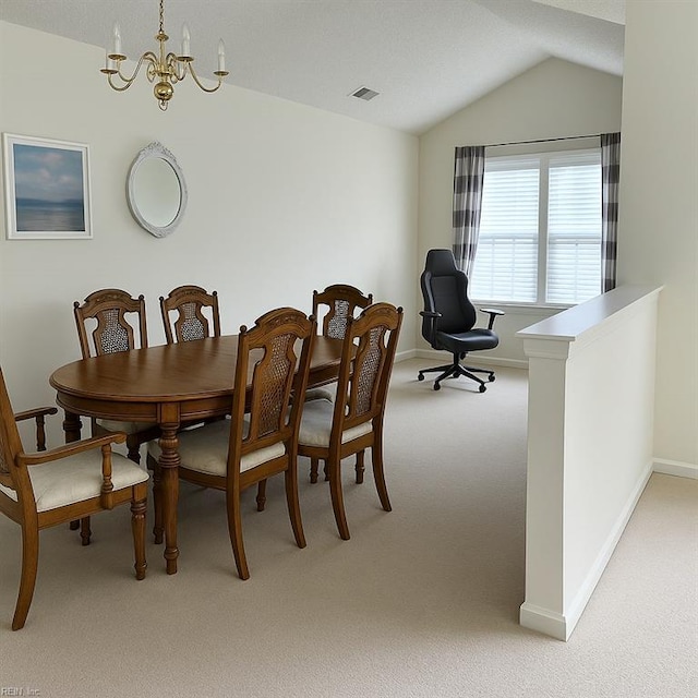 dining space with light colored carpet, a chandelier, baseboards, lofted ceiling, and visible vents
