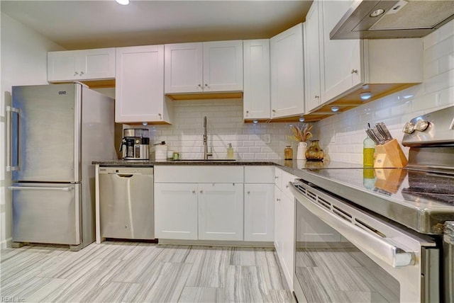 255 College Cross Unit 87, Norfolk, VA 23510 - kitchen with decorative backsplash, under cabinet range hood, white cabinets, a sink, and stainless steel appliances