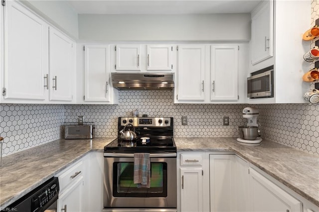 kitchen featuring white cabinetry, appliances with stainless steel finishes, backsplash, and range hood