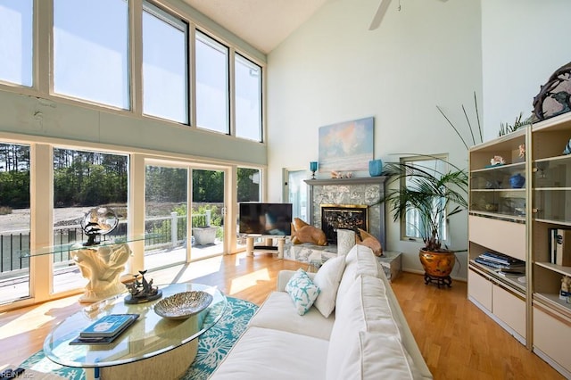 12 Rudee Ave, Virginia Beach, VA 23451 - living area with a high end fireplace, high vaulted ceiling, ceiling fan, and light wood finished floors