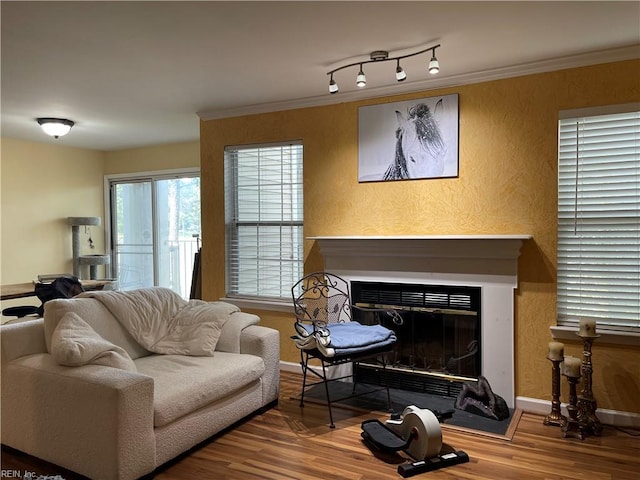 living area featuring ornamental molding, a textured wall, a glass covered fireplace, wood finished floors, and baseboards