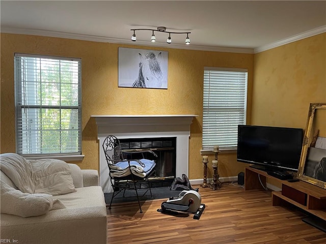 living room featuring a fireplace with flush hearth, baseboards, a textured wall, and wood finished floors