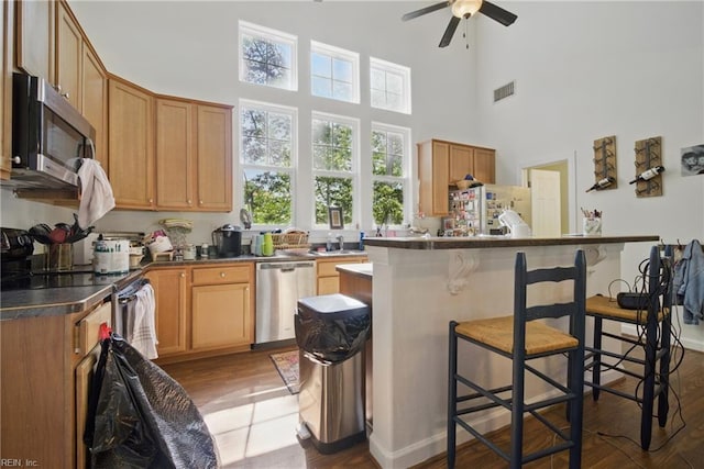 422 New London Pl, Virginia Beach, VA 23454 - kitchen featuring a high ceiling, a breakfast bar area, stainless steel appliances, a ceiling fan, and visible vents