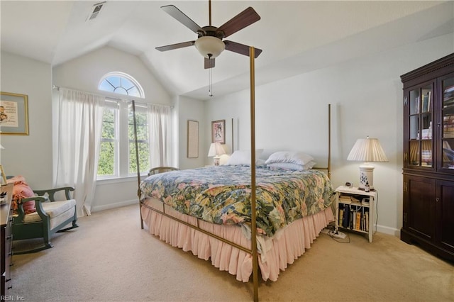 422 New London Pl, Virginia Beach, VA 23454 - bedroom featuring visible vents, baseboards, light colored carpet, a ceiling fan, and vaulted ceiling