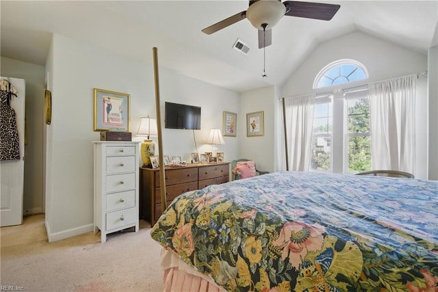 422 New London Pl, Virginia Beach, VA 23454 - bedroom with ceiling fan, light colored carpet, baseboards, vaulted ceiling, and visible vents