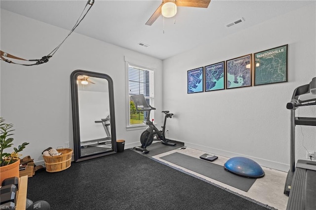 workout area with ceiling fan, visible vents, and baseboards