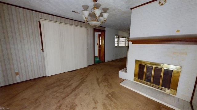 3702 Nansemond Pkwy, Suffolk, VA 23435 - unfurnished living room with a glass covered fireplace, a chandelier, carpet, and wallpapered walls