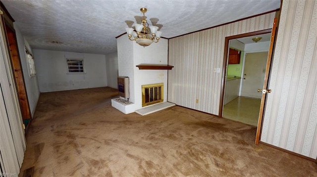 3702 Nansemond Pkwy, Suffolk, VA 23435 - unfurnished living room featuring carpet flooring, a chandelier, a glass covered fireplace, heating unit, and a textured ceiling