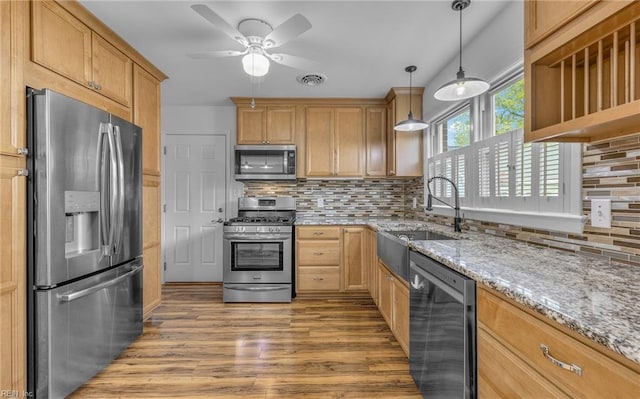 kitchen with a ceiling fan, appliances with stainless steel finishes, light stone countertops, wood finished floors, and a sink
