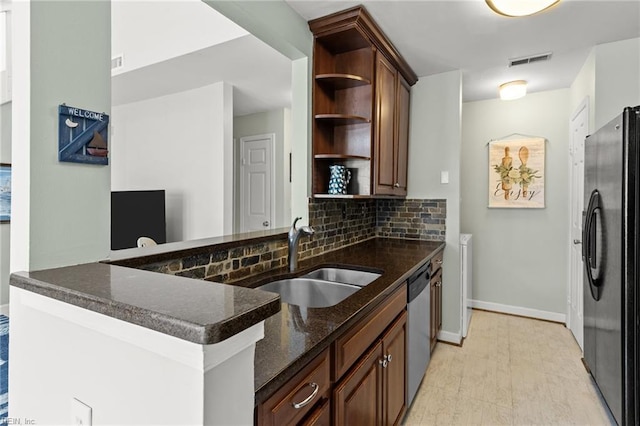 403 Harbour Pt Unit 305, Virginia Beach, VA 23451 - kitchen with open shelves, a sink, dishwasher, freestanding refrigerator, and visible vents