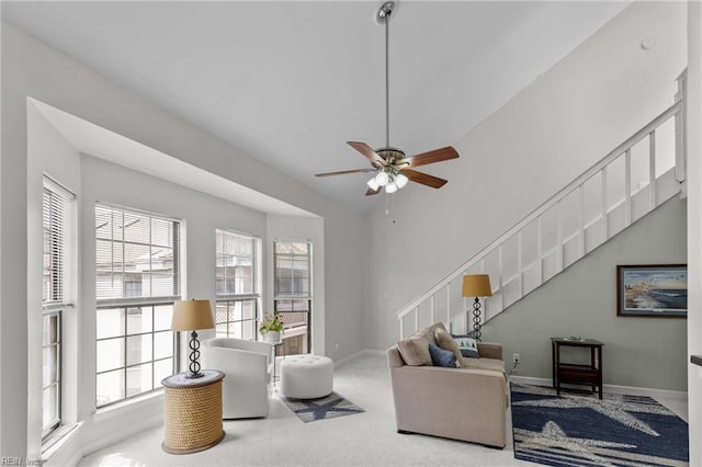 403 Harbour Pt Unit 305, Virginia Beach, VA 23451 - carpeted living room featuring stairs, ceiling fan, lofted ceiling, and a wealth of natural light