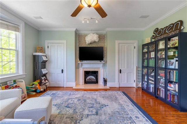 living room featuring a healthy amount of sunlight, ceiling fan, a fireplace with raised hearth, and wood finished floors
