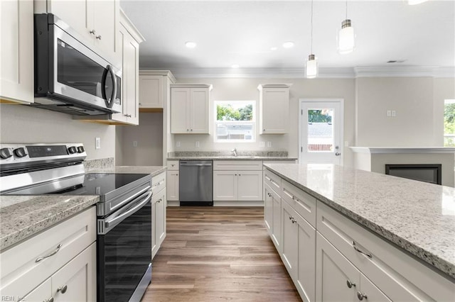 kitchen featuring appliances with stainless steel finishes, a sink, white cabinetry, wood finished floors, and ornamental molding