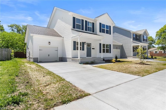 view of front of property with an attached garage, fence, a porch, and concrete driveway