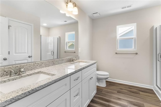 full bathroom featuring a sink, a shower stall, double vanity, and visible vents